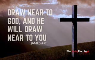 An empty cross on a hill with dark clouds. "Draw Near to God, and He will Draw Near to You - James 4:8