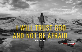 A man is facing a mountain in a black and white photo. The caption reads "I will Trust God and not be Afraid"
