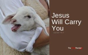 A picture of a shepherd carrying a lamb in his arms. "Jesus Will Carry You." Isaiah 40:11