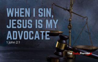 Scales of justice with an anvil on a blue background. "When I Sin, Jesus is My Advocate" - 1 John 2:1