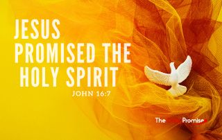 A yellow and orange background with a dove on it. The heading reads "Jesus Promised the Holy Spirit." - John 16:7
