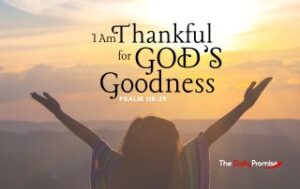 A Woman with her hands raised in front of a sunset. "I Am Thankful for God's Goodness" - Psalm 118:29