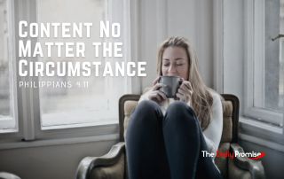 A woman sitting in a chair with a cup of coffee - "Content no matter the circumstance" - Philippians 4:11