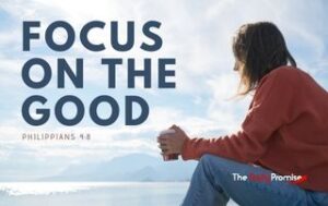 A woman is sitting with a coffee cup in her hands. She is obviously contemplating. - "Focus on the Good" Philippians 4:8