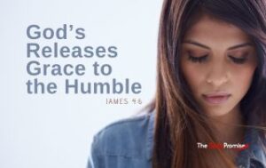 A woman with a blue dress has her head bowed in prayer - "God Release Grace to the Humble"
