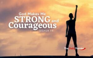 A Woman with a victorious hand raised in the air. "God Makes Me Strong and Courageous"