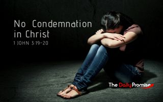 A woman is sitting with her head on her knees - "No Condemnation in Christ" - 1 John 3:19-20