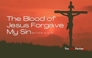 Jesus hanging on the cross with a dark red sky behind him. "The Blood of Jesus Forgave my Sin" - Matthew 26:27-28