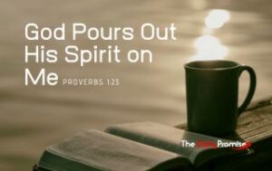 A cup of Coffee sitting on a dock. "God Pours His Spirit on Me" - Proverbs 1:23