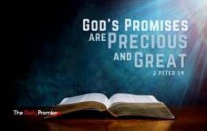 An open Bible on a blue background with light shining from the top right. "God's Promises are Precious and Great"