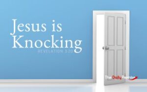 Picture of a light blue wall with a white open door. The title reads, "Jesus is Knocking."
