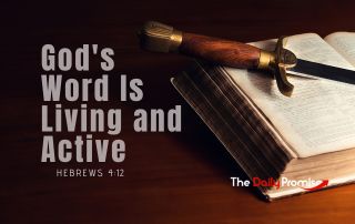Bible laying on wooden planks. A sword is laying across the Bible - "God's Word is Living and Active" - Hebrews 4:12