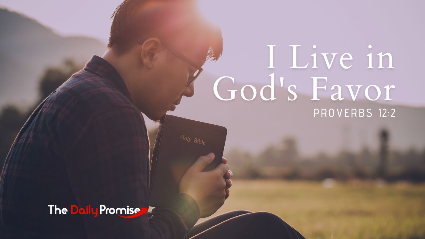 A man sitting and praying with his Bible in his hands. "I Live in God's Presence"