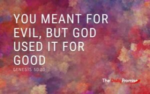 Title: "You Meant it for Evil, But God Used it for Good" on a pink and red splotched background.