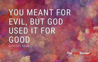 Title: "You Meant it for Evil, But God Used it for Good" on a pink and red splotched background.