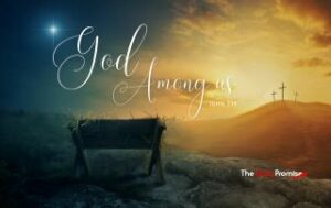 A manger on one side and 3 crosses on the right side. - "God Among Us" - John 1:14