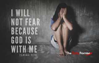 A woman leaning against a wall in the fetal position. "I Will Not Fear Because God is With Me" Isaiah 41:10