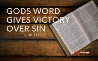 A Bible opened on brown wood slats. "God's Word Brings Victory Over Sin"