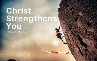 A man climbing a cliff. "Christ Strengthens You."