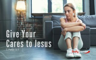 A woman is sitting on the floor with her hands on her knees. She looks worried. "Give your cares to Jesus"