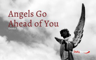 A statue of an angel against a gray, cloudy sky. "Angels Go Ahead of You."