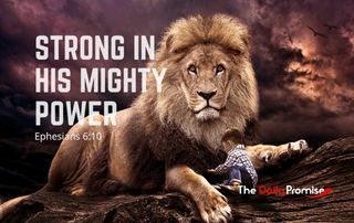 A lion with a small boy at its feet. "Strong in His Mighty Power" - Ephesians 6:10
