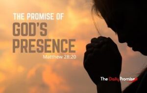 The shadow of a person praying against golden background. "The Promise of God's Presence. Matthew 28:20