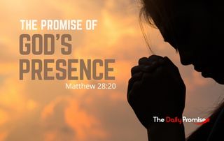 The shadow of a person praying against golden background. "The Promise of God's Presence. Matthew 28:20