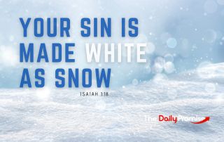 A snow scene with the words "Your Sin is Made White as Snow" - Isaiah 1:18