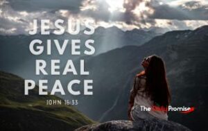 A woman is sitting on a rock looking out over a mountain range with light shining through dark clouds. "Jesus Gives Real Peace" - John 16:33