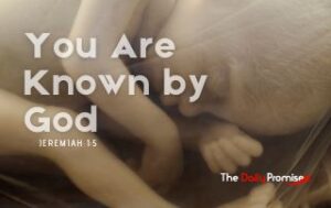 A close up black and white picture of a baby in the womb. "You are Known by God" - Jeremiah 1:5