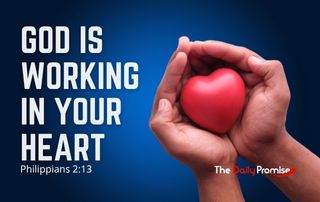 Hands cupping a red heart on a fading blue background. "God is Working in Your Heart"