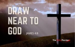An empty cross on a hill with dark clouds. "Draw Near to God" - James 4:8
