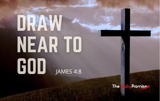 An empty cross on a hill with dark clouds. "Draw Near to God" - James 4:8