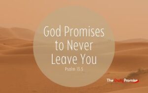 A Desert scene with a large transparent circle that says "God Promises to Never Leave You" - Hebrews 13:5