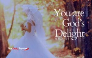 A bride standing with leaves falling. "You Are God's Delight" - Isaiah 62:5