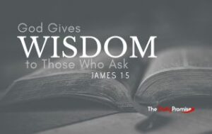 An open Bible in black and white with the words "God Gives Wisdom to Those Who Ask" - James 1:5