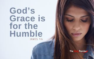 A woman with a blue dress has her head bowed in prayer - "God's Grace is for the Humble" - James 4:6