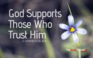 A blooming white and blue flower with the words "God Supports Those Who Trust Him" in the foreground.