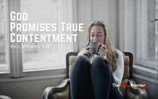A woman sitting in a chair with a cup of coffee - "God Promises True Contentment" - Philippians 4:11