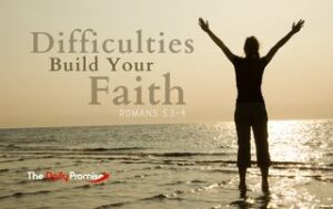 Romans 5:3-4 - A woman is standing at the edge of the water with her hands raised - "Difficulties Build Your Faith"