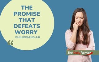 A Woman on with a worried look is standing in front of a blue background with the caption - "The Promise that Defeats Worry"