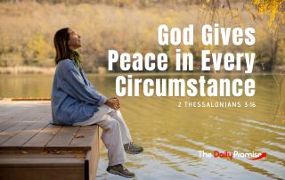 A beach scene with tall grass blowing in the breeze. "God Gives Peace in Every Circumstance."