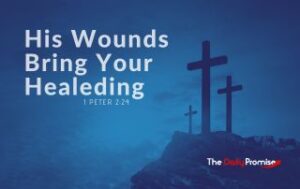 "His Wounds Bring Your Healing" - 1 Peter 2:24 in the foreground, with three crosses on a hill in the background.