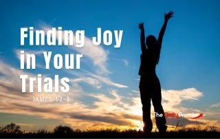 A woman is jumping up with joy on a sunset background. "Finding Joy in Your Trials." - James 1:2-3
