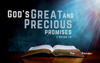 An open Bible on a blue background with light shining from the top right. "God's Great and Precious Promises" - 2 Peter 1:4