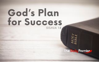 A black Bible lying on light gray wood background. "God's Plan for Success" is the title and a scripture reference of Joshua 1:8