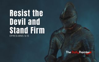A suit of armor in the blue background. "Stand Firm and Resist the Devil" - Ephesians 6:13