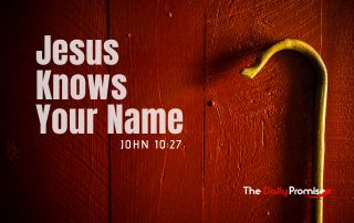A Shepherd's staff on a dark red wooden background. The title in white reads, "Jesus Knows Your Name" - John 10:27